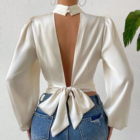 Beige Preppy Womens Tie Backless Lantern Sleeve Crop Blouse - Picture 4 of 5